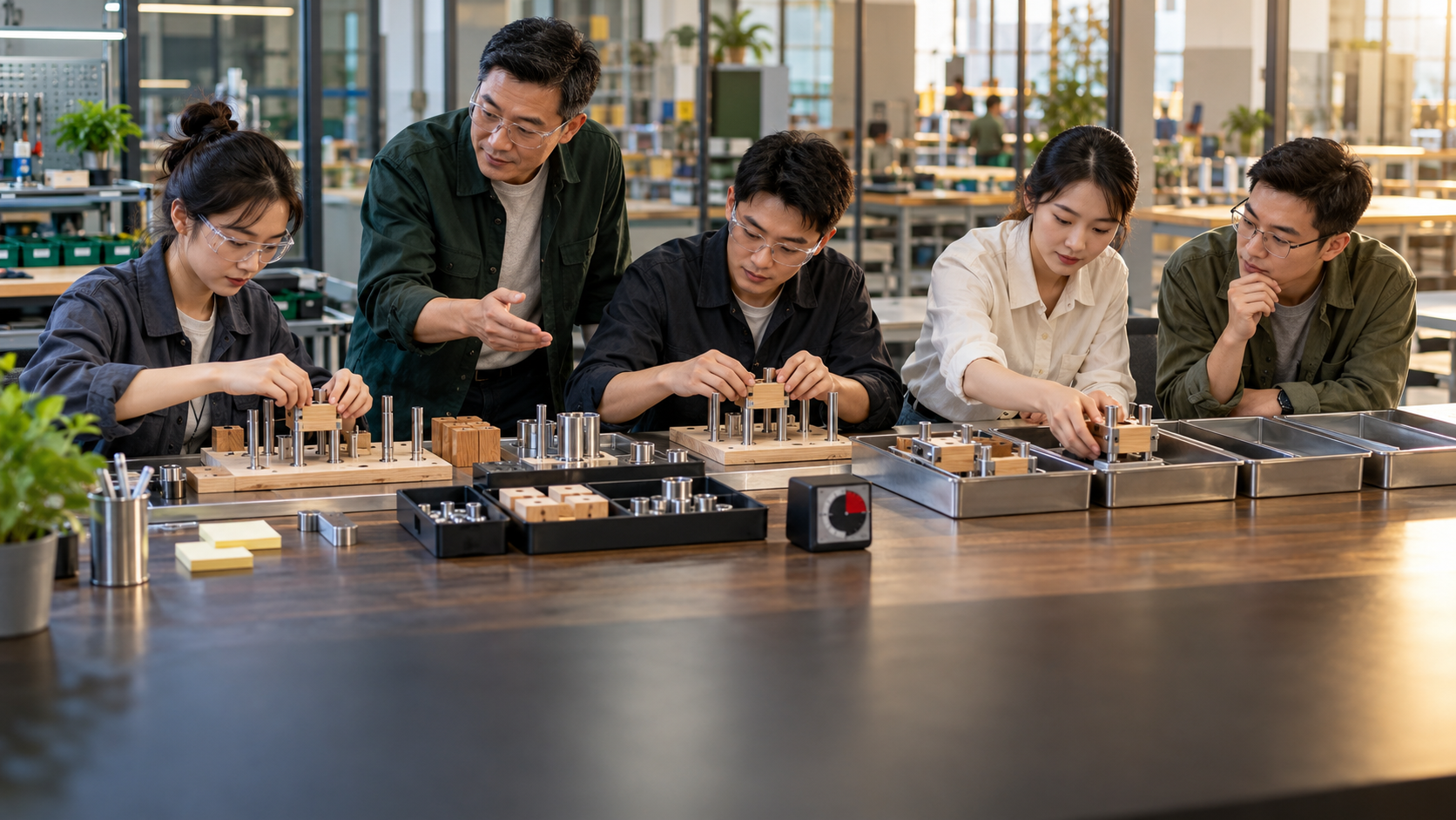 Concept scene of learners practicing lean standard work and line balancing at a training table